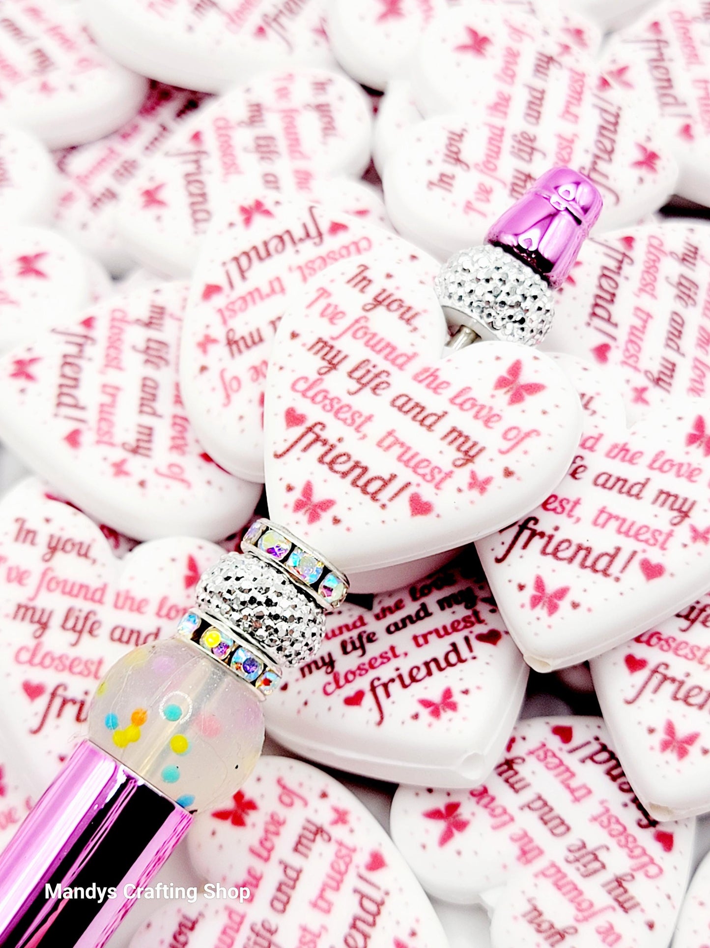 Best Friend Heart Focal Bead – Printed Silicone Pen & Coworker Bead (Set of 2)
