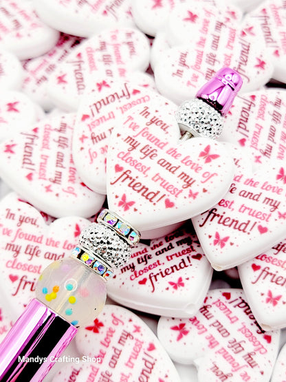 Best Friend Heart Focal Bead – Printed Silicone Pen & Coworker Bead (Set of 2)