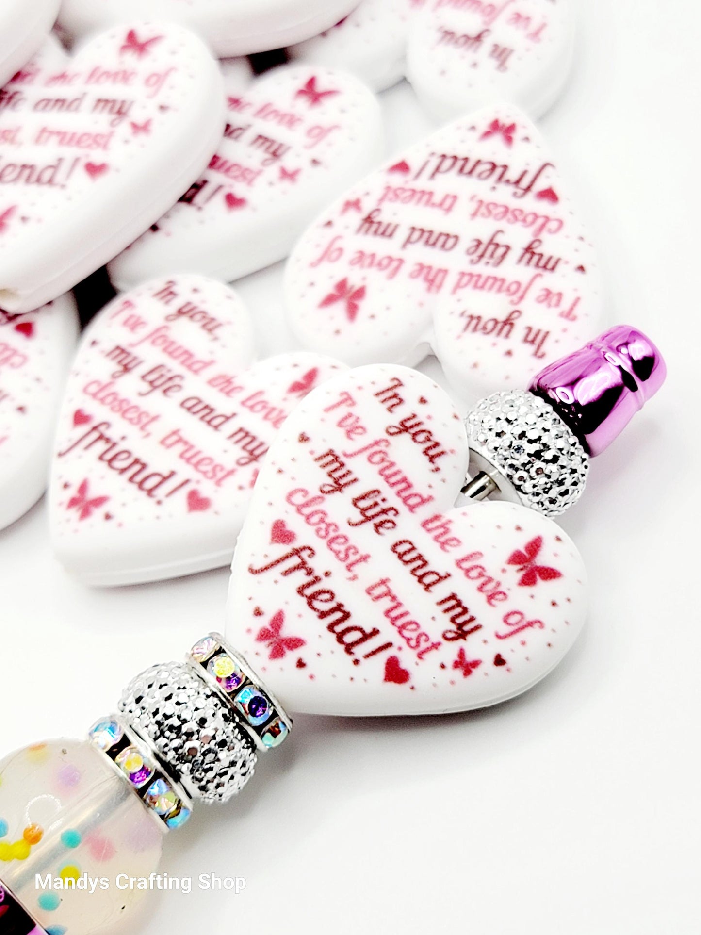 Best Friend Heart Focal Bead – Printed Silicone Pen & Coworker Bead (Set of 2)
