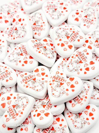 I Love You Purrry Much Cat Valentine Heart Pen Bead – Funny Cat Silicone Focal Bead (Set of 2)