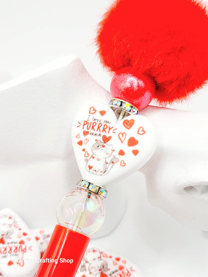 I Love You Purrry Much Cat Valentine Heart Pen Bead – Funny Cat Silicone Focal Bead (Set of 2)