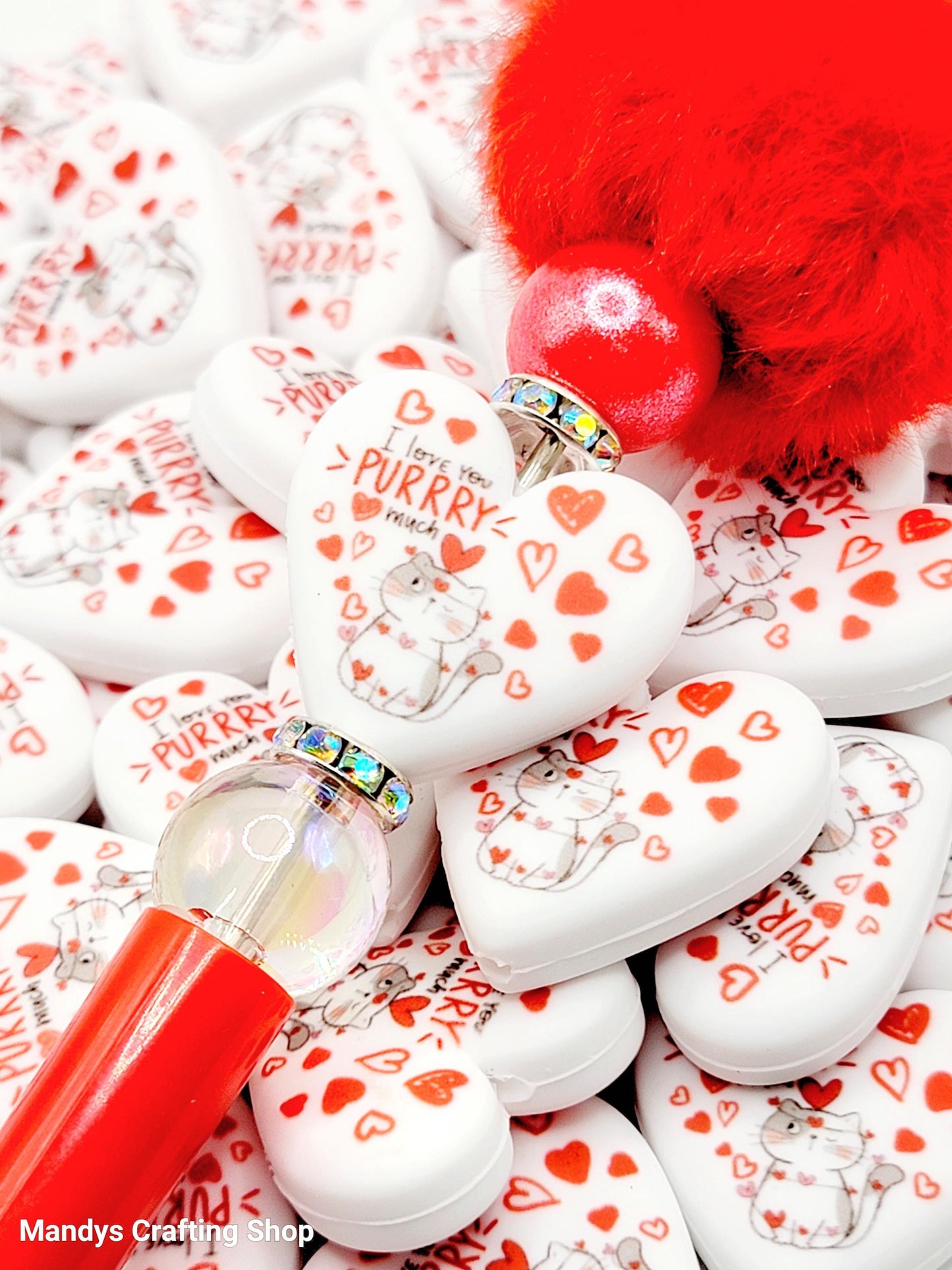 I Love You Purrry Much Cat Valentine Heart Pen Bead – Funny Cat Silicone Focal Bead (Set of 2)