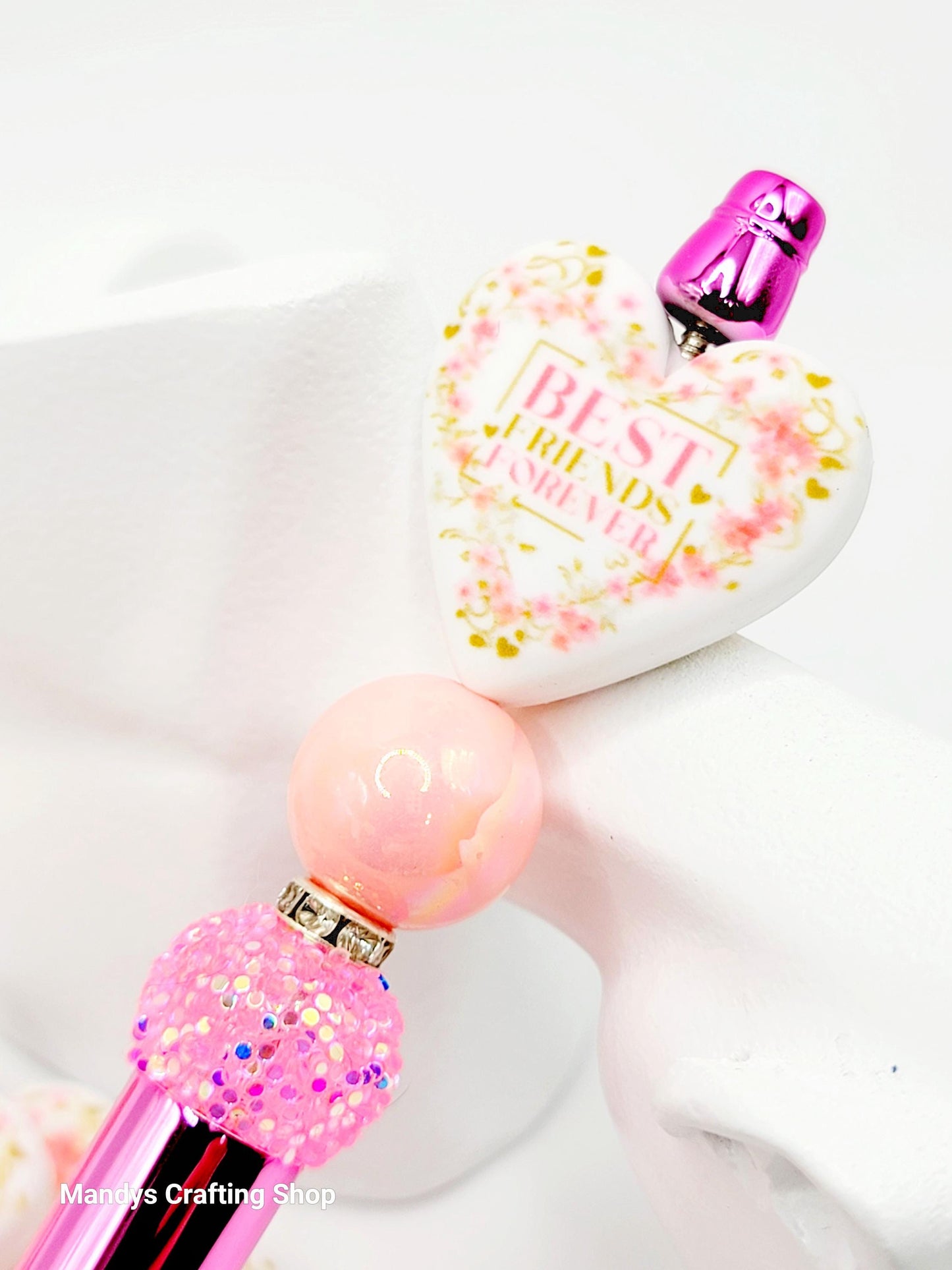 Best Friend Forever Pink Floral Heart Focal Bead – Printed Silicone Friend Pen Bead (Set of 2)