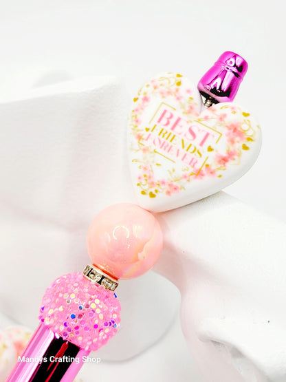Best Friend Forever Pink Floral Heart Focal Bead – Printed Silicone Friend Pen Bead (Set of 2)