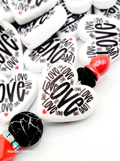 Love Typography Valentine Heart Focal Bead – Printed Silicone Pen & Keychain Bead (Set of 2)