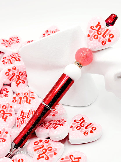 Hello Love Valentine Heart Focal Bead – Printed Silicone Pen & Keychain Bead (Set of 2)