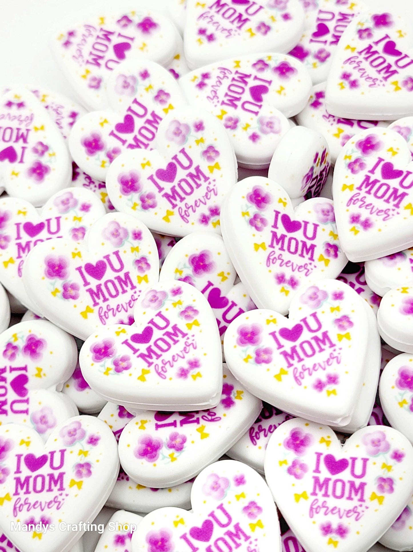 I Love You Mom Forever Heart Focal Bead – Mother’s Day Printed Silicone Pen & Wristlet Bead (Set of 2)