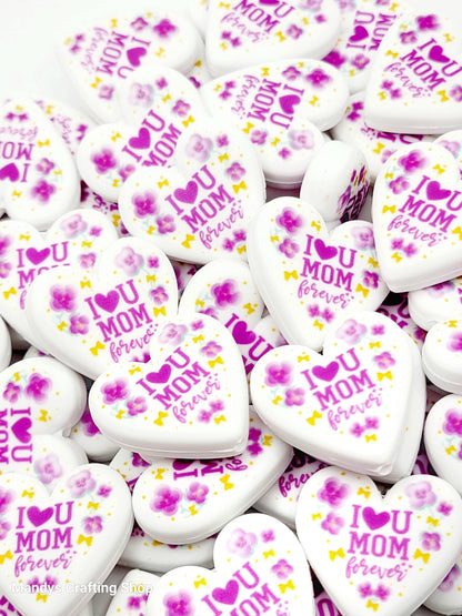 I Love You Mom Forever Heart Focal Bead – Mother’s Day Printed Silicone Pen & Wristlet Bead (Set of 2)