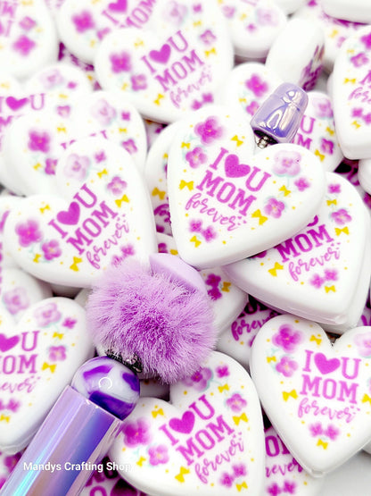 I Love You Mom Forever Heart Focal Bead – Mother’s Day Printed Silicone Pen & Wristlet Bead (Set of 2)