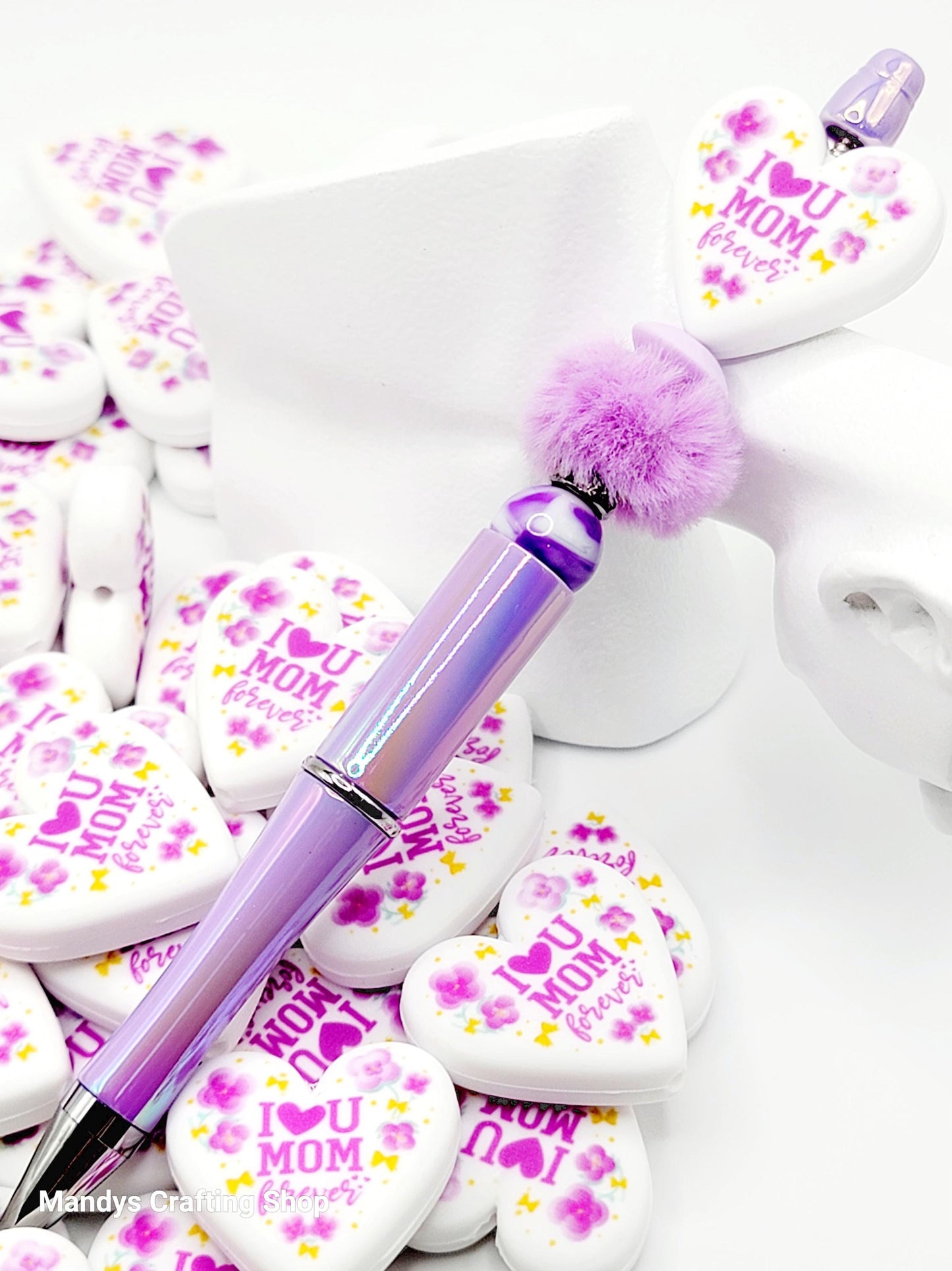 I Love You Mom Forever Heart Focal Bead – Mother’s Day Printed Silicone Pen & Wristlet Bead (Set of 2)