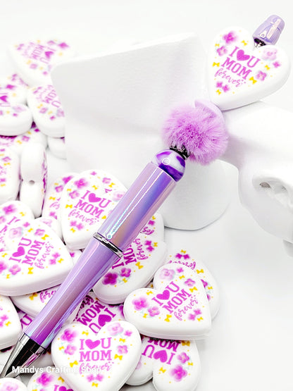 I Love You Mom Forever Heart Focal Bead – Mother’s Day Printed Silicone Pen & Wristlet Bead (Set of 2)