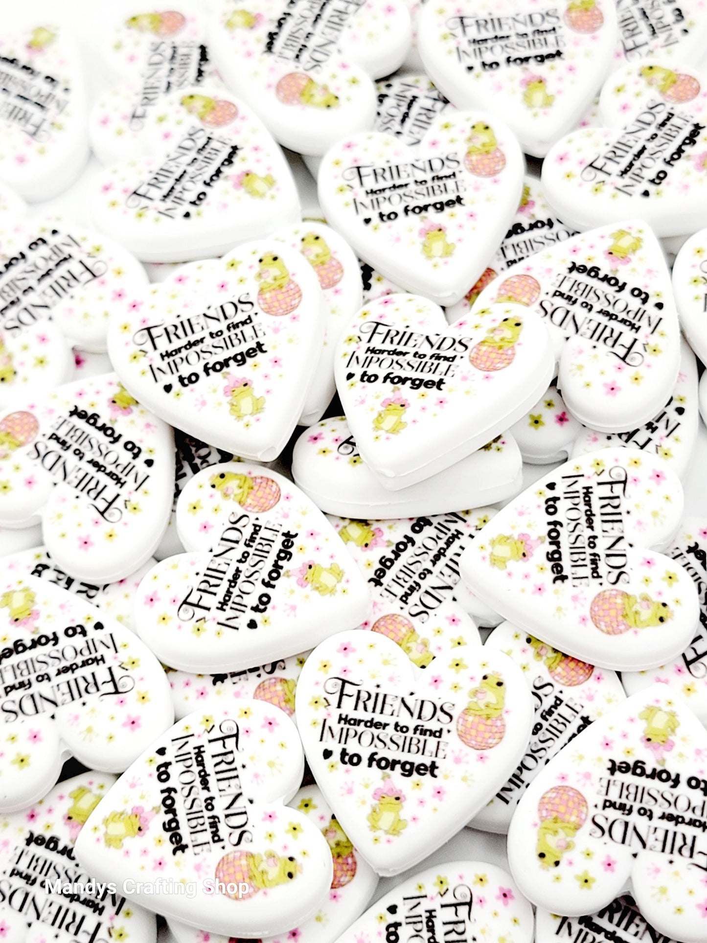 Frog Friends Heart Focal Bead – “Harder to Find, Impossible to Forget” Printed Silicone Pen Bead (Set of 2)