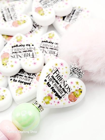Frog Friends Heart Focal Bead – “Harder to Find, Impossible to Forget” Printed Silicone Pen Bead (Set of 2)