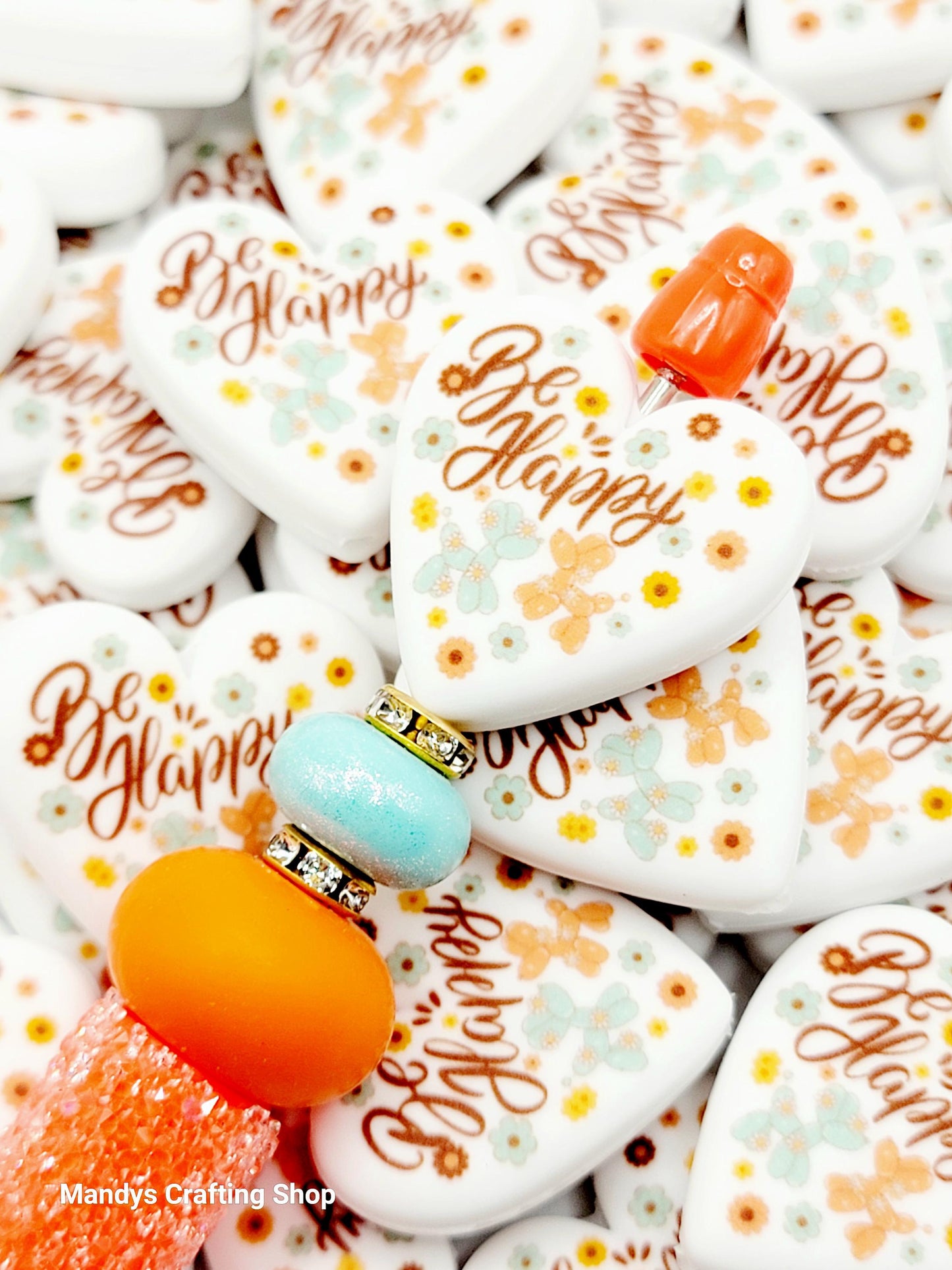 Be Happy Balloon Dog Heart Focal Bead – Inspirational Printed Silicone Pen Bead (Set of 2)