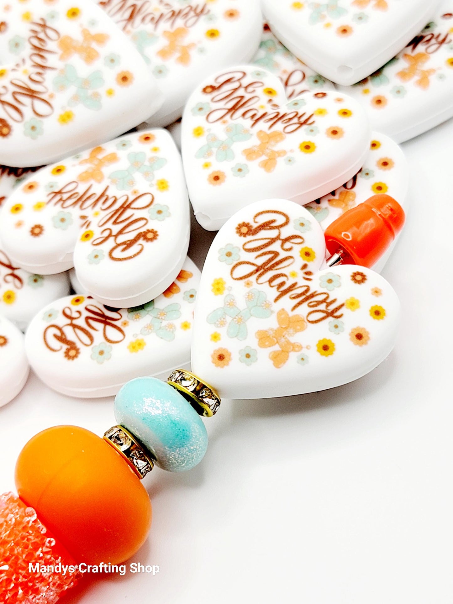 Be Happy Balloon Dog Heart Focal Bead – Inspirational Printed Silicone Pen Bead (Set of 2)