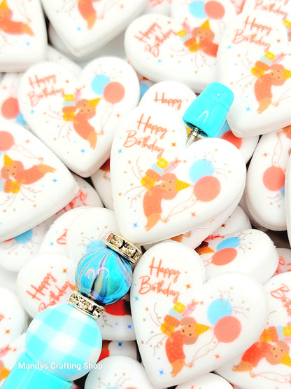 Happy Birthday Dog Heart Focal Bead – Printed Silicone Pen & Lanyard Bead (Set of 2)