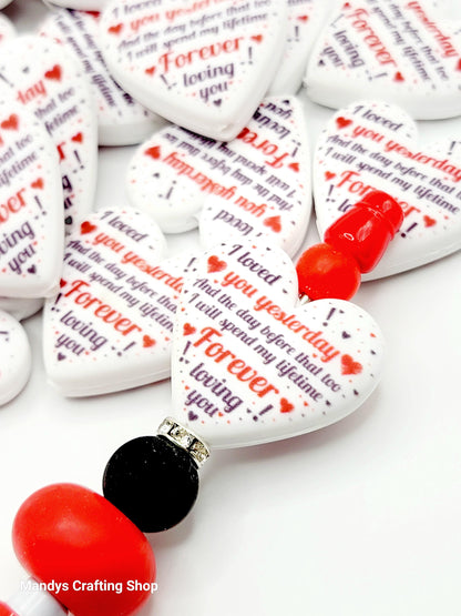 Forever Loving You Valentine Heart Focal Bead – Printed Silicone Pen & Keychain Bead (Set of 2)