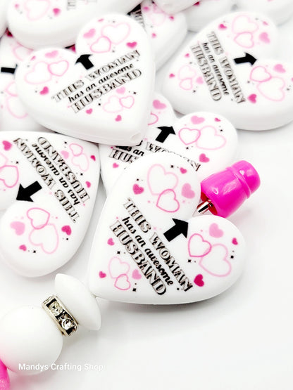 This Woman Has an Awesome Husband Heart Focal Bead – Funny Printed Silicone Pen Bead (Set of 2)