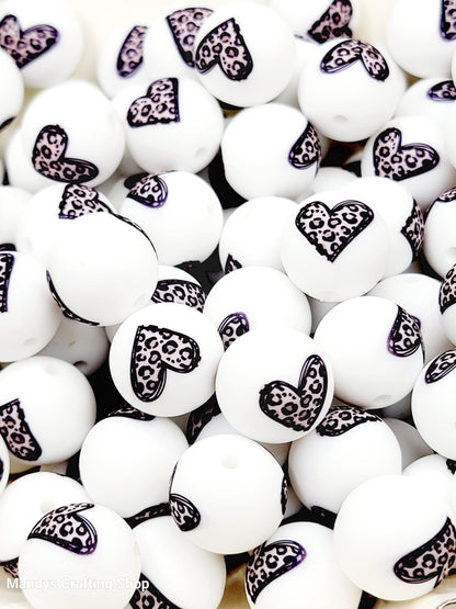 15mm Printed Leopard Heart Print Silicone Beads –  Valentine Round Beads for Pens & Wristlets