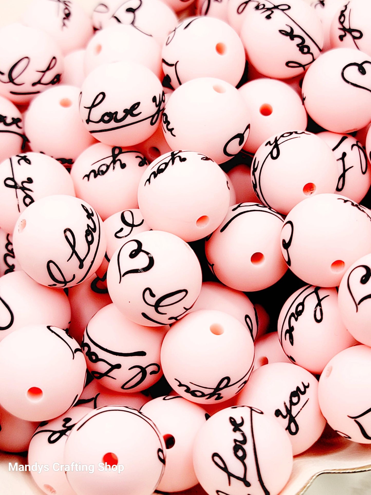 15mm Printed I Love You Pink Valentine’s Day Silicone Bead – Pink Round Beads for Pens & Wristlets