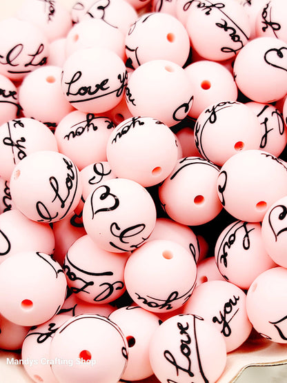 15mm Printed I Love You Pink Valentine’s Day Silicone Bead – Pink Round Beads for Pens & Wristlets