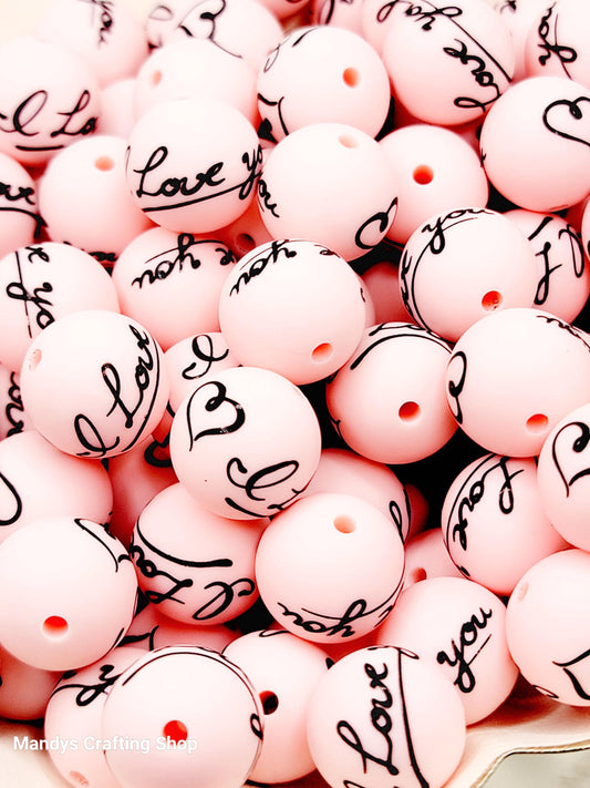 15mm Printed I Love You Pink Valentine’s Day Silicone Bead – Pink Round Beads for Pens & Wristlets