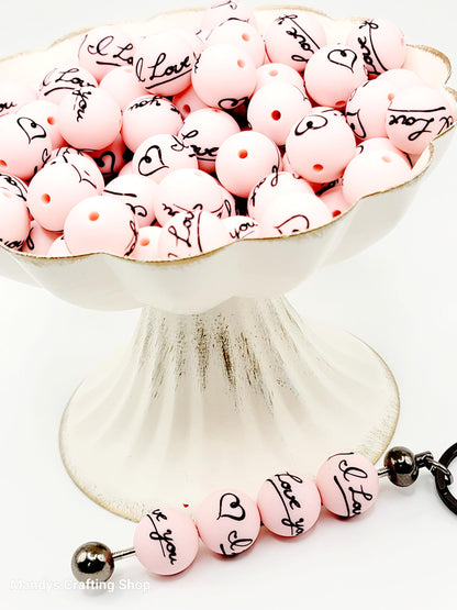 15mm Printed I Love You Pink Valentine’s Day Silicone Bead – Pink Round Beads for Pens & Wristlets