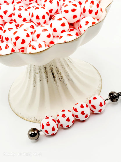 15mm Printed Valentine Red Heart Silicone Bead – Heart Print Round Beads for Pens & Wristlets