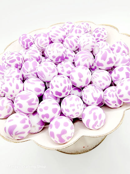 15mm Printed Purple Cow Print Silicone Bead – Animal Print Theme Spacer Beads for Pens & Wristlets