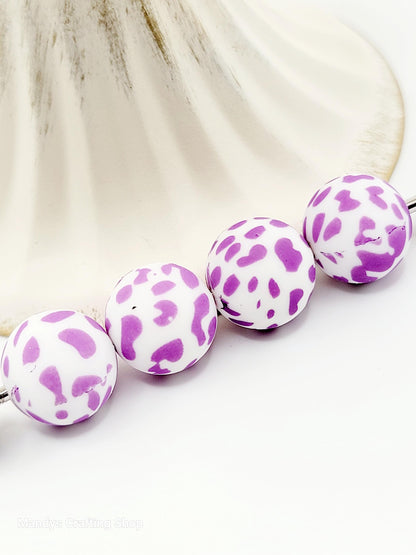 15mm Printed Purple Cow Print Silicone Bead – Animal Print Theme Spacer Beads for Pens & Wristlets
