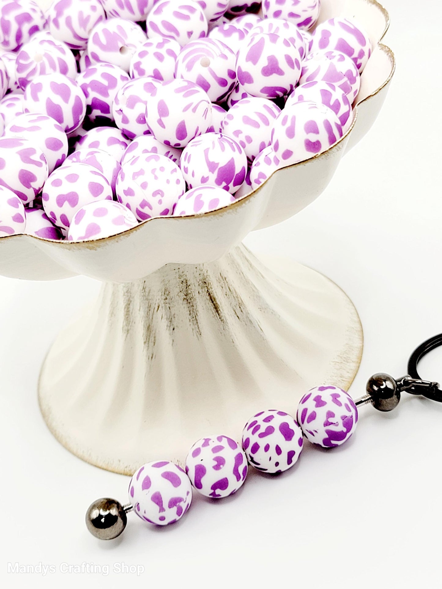 15mm Printed Purple Cow Print Silicone Bead – Animal Print Theme Spacer Beads for Pens & Wristlets