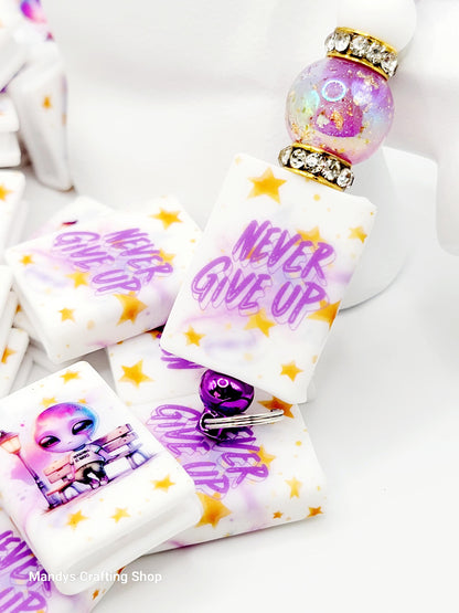 Never Give Up Alien Book Silicone Focal Bead – Inspirational Journal Book Pen Bead (Set of 1 or 2)