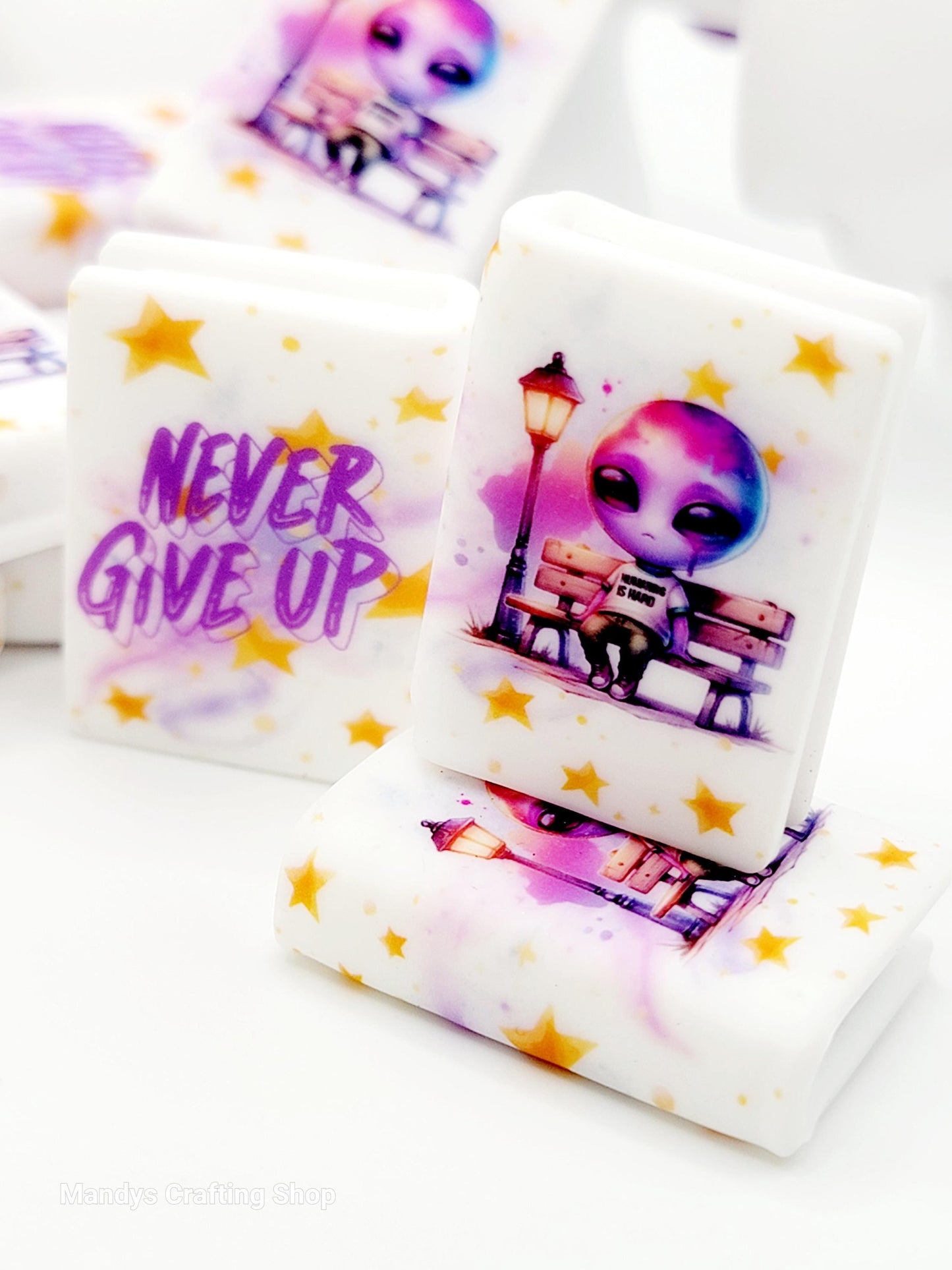 Never Give Up Alien Book Silicone Focal Bead – Inspirational Journal Book Pen Bead (Set of 1 or 2)