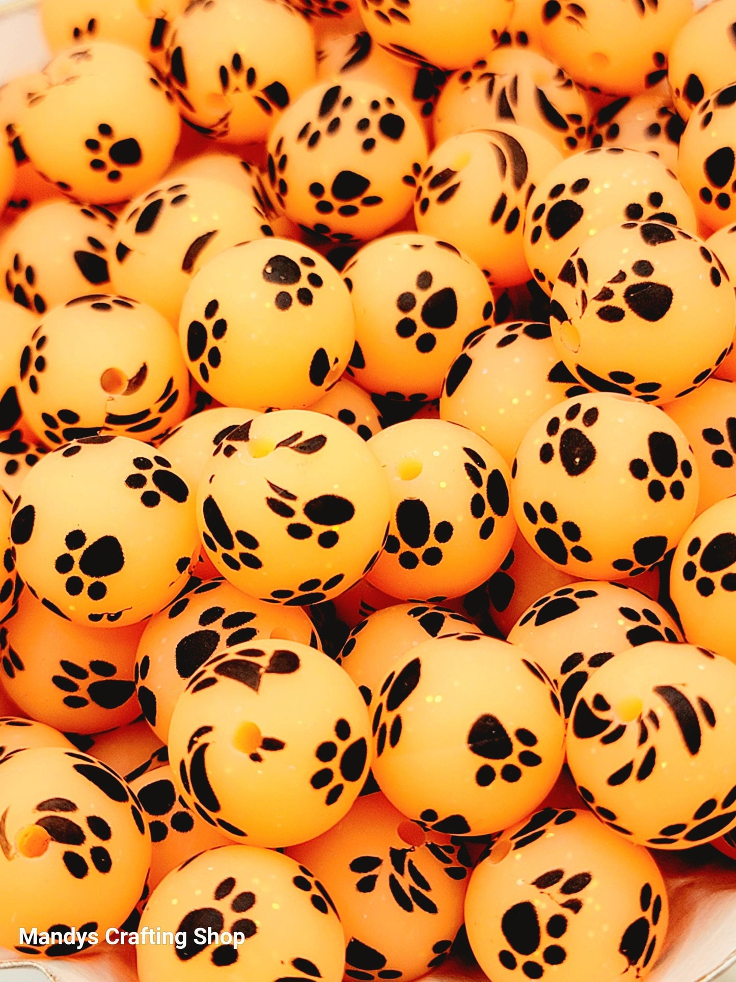 15mm Printed Orange Glitter Paw Print Silicone Bead – Round Pet Beads for Pens & Wristlets