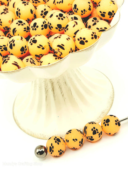 15mm Printed Orange Glitter Paw Print Silicone Bead – Round Pet Beads for Pens & Wristlets