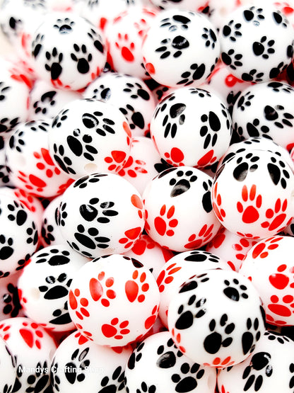 15mm Printed Red & Black Paw Print Silicone Beads –  Dog Paw Print Round Beads for Pens & Wristlets