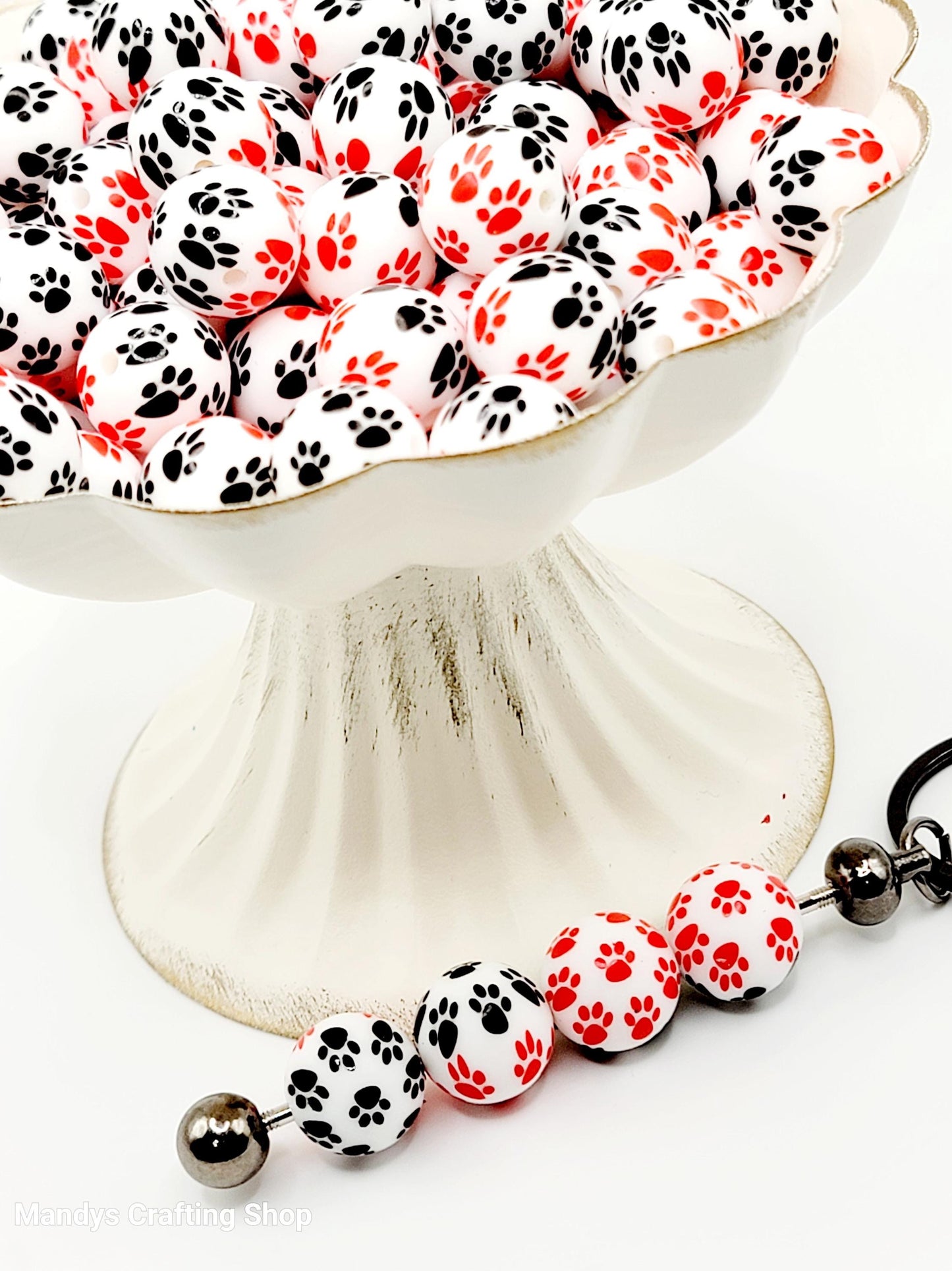 15mm Printed Red & Black Paw Print Silicone Beads –  Dog Paw Print Round Beads for Pens & Wristlets