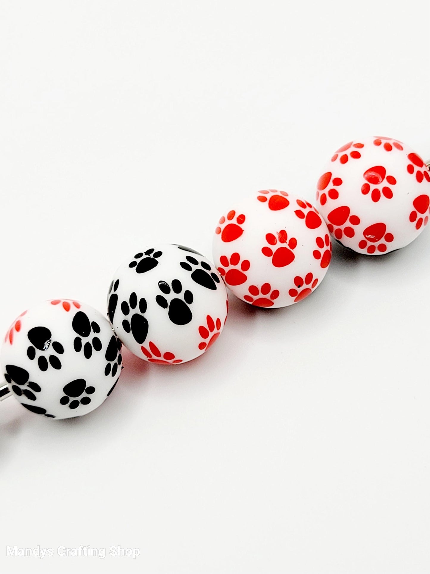 15mm Printed Red & Black Paw Print Silicone Beads –  Dog Paw Print Round Beads for Pens & Wristlets