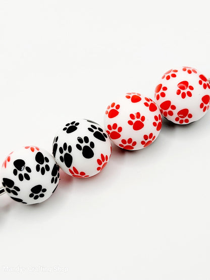 15mm Printed Red & Black Paw Print Silicone Beads –  Dog Paw Print Round Beads for Pens & Wristlets