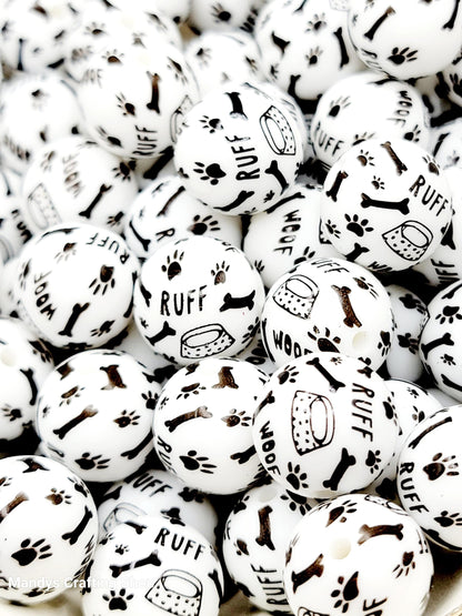 15mm Printed White Black Dog Theme Silicone Beads – Dog Theme Silicone Round Spacer Beads for Pens & Wristlets