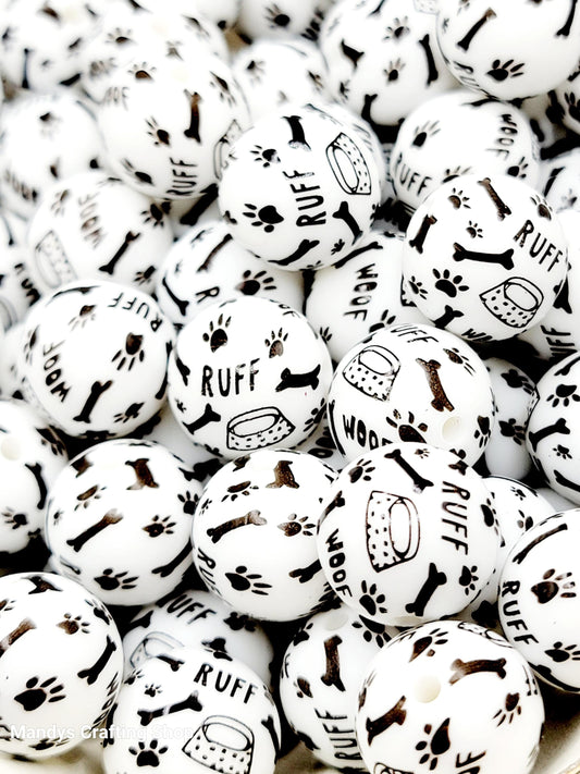 15mm Printed White Black Dog Theme Silicone Beads – Dog Theme Silicone Round Spacer Beads for Pens & Wristlets