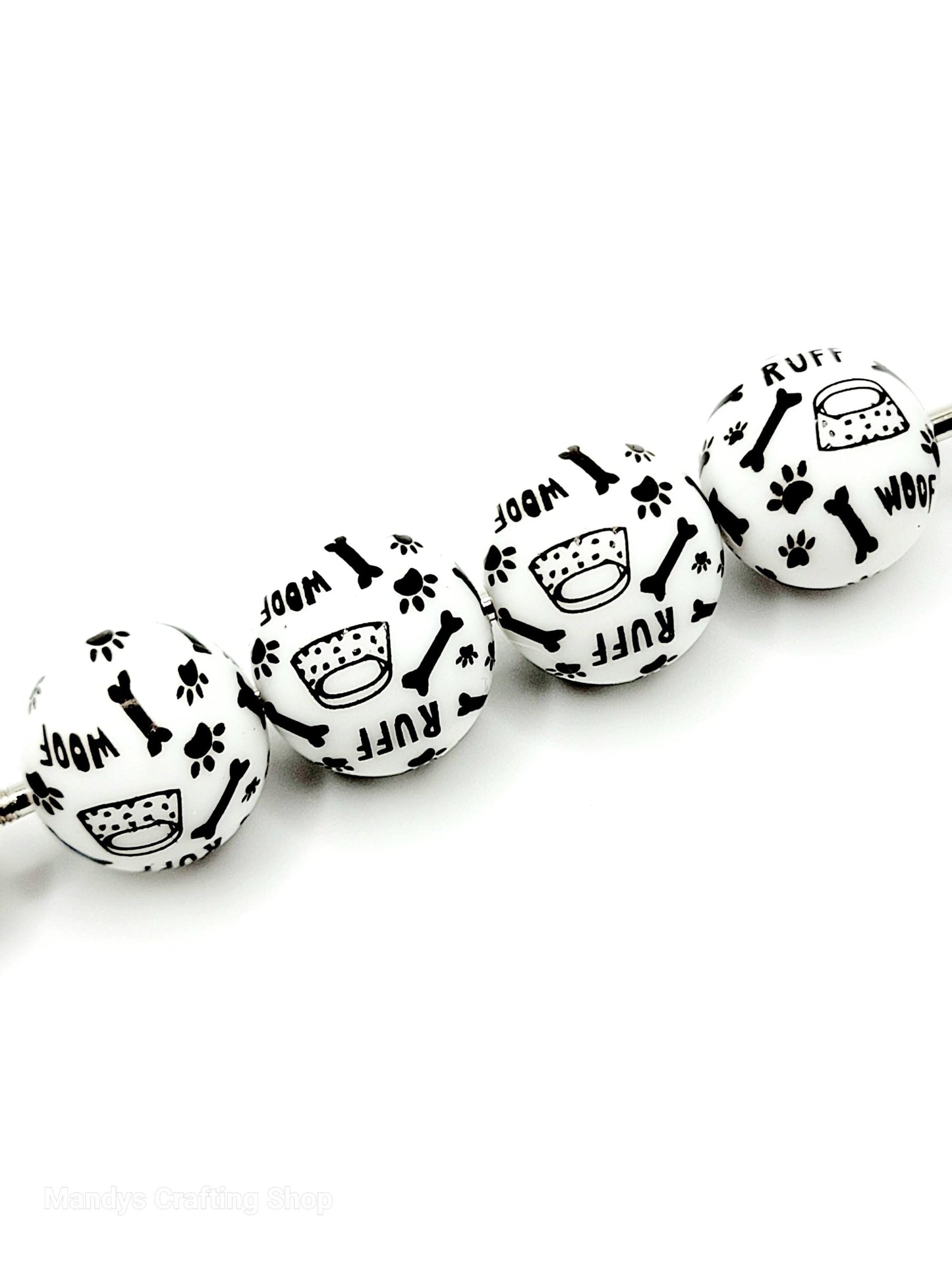 15mm Printed White Black Dog Theme Silicone Beads – Dog Theme Silicone Round Spacer Beads for Pens & Wristlets