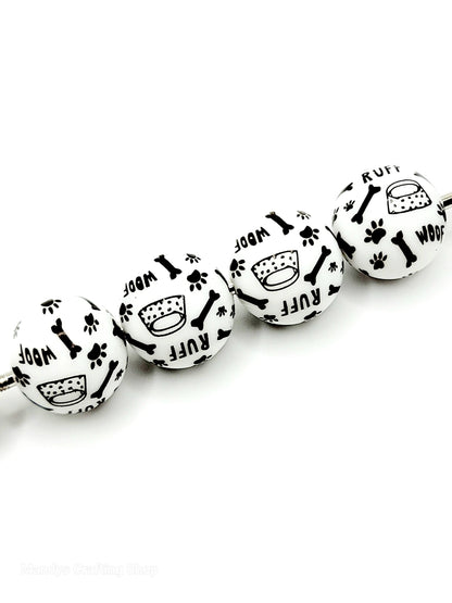 15mm Printed White Black Dog Theme Silicone Beads – Dog Theme Silicone Round Spacer Beads for Pens & Wristlets
