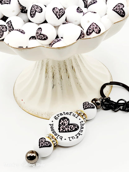 15mm Printed Leopard Heart Print Silicone Beads –  Valentine Round Beads for Pens & Wristlets