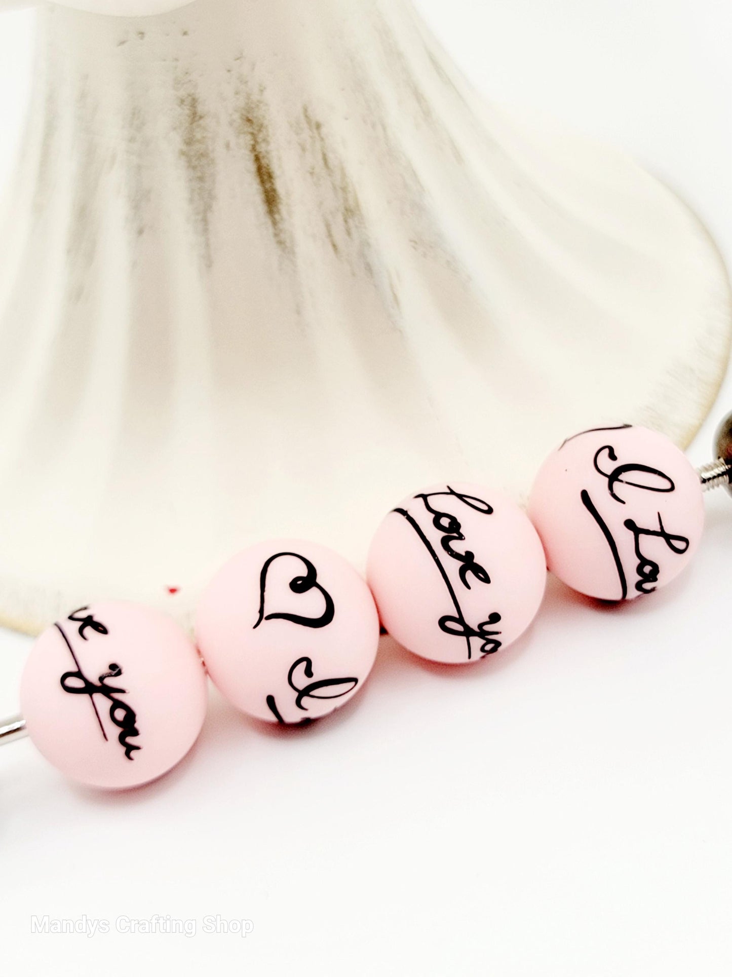 15mm Printed I Love You Pink Valentine’s Day Silicone Bead – Pink Round Beads for Pens & Wristlets