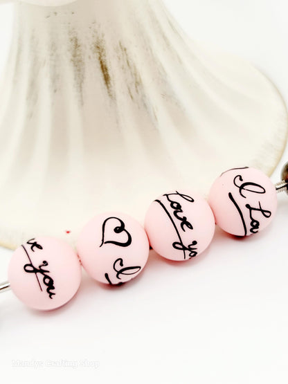 15mm Printed I Love You Pink Valentine’s Day Silicone Bead – Pink Round Beads for Pens & Wristlets
