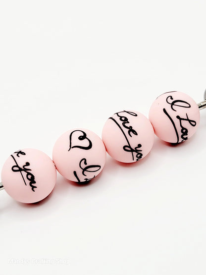 15mm Printed I Love You Pink Valentine’s Day Silicone Bead – Pink Round Beads for Pens & Wristlets
