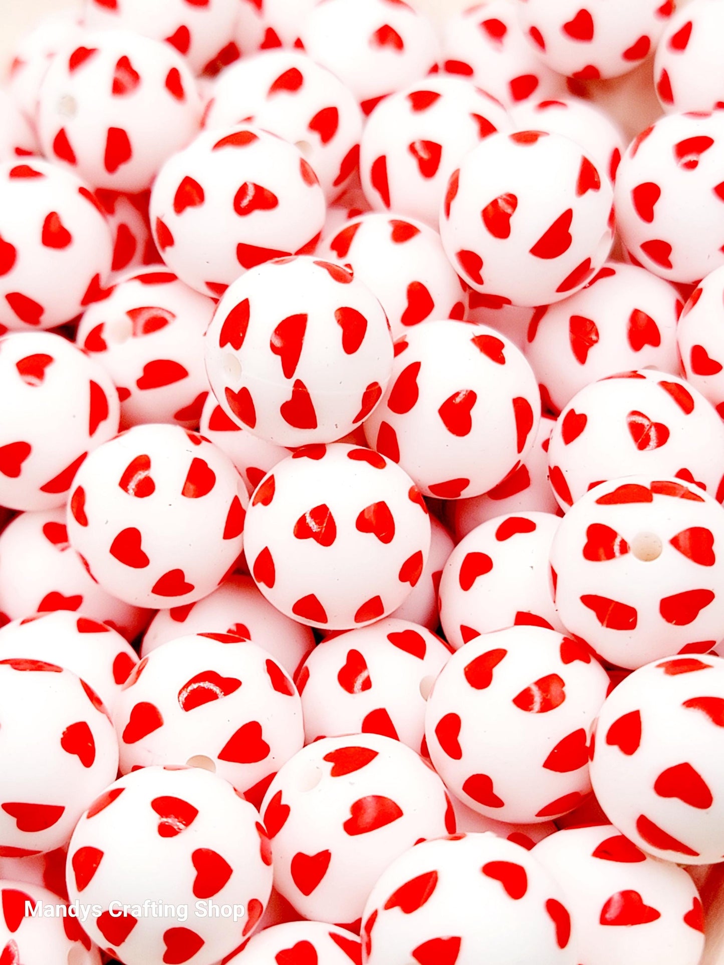15mm Printed Valentine Red Heart Silicone Bead – Heart Print Round Beads for Pens & Wristlets