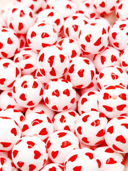 15mm Printed Valentine Red Heart Silicone Bead – Heart Print Round Beads for Pens & Wristlets