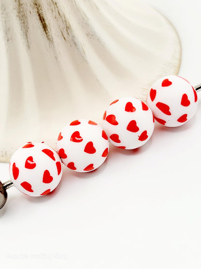 15mm Printed Valentine Red Heart Silicone Bead – Heart Print Round Beads for Pens & Wristlets